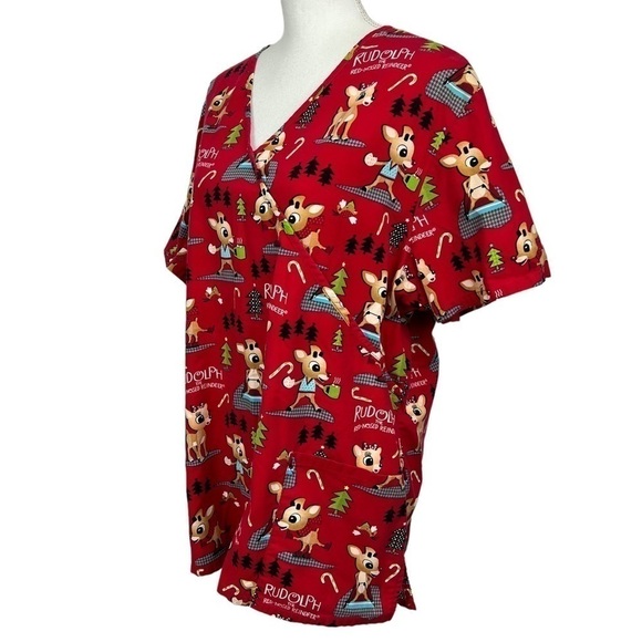 RUDOLPH THE RED NOSED REINDEER Women’s Scrub Sz 2X Multi Color V-neck SS - Picture 3 of 11